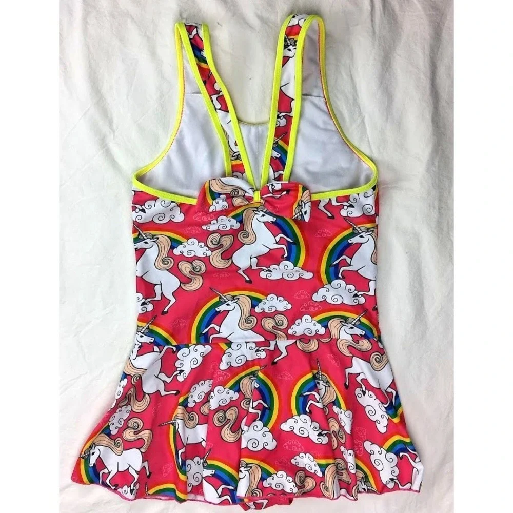KuKiee Girls Sz 12 13 Rainbow Unicorn Swimsuit Stars Hot‎ Pink 1pc Skirt NEW
